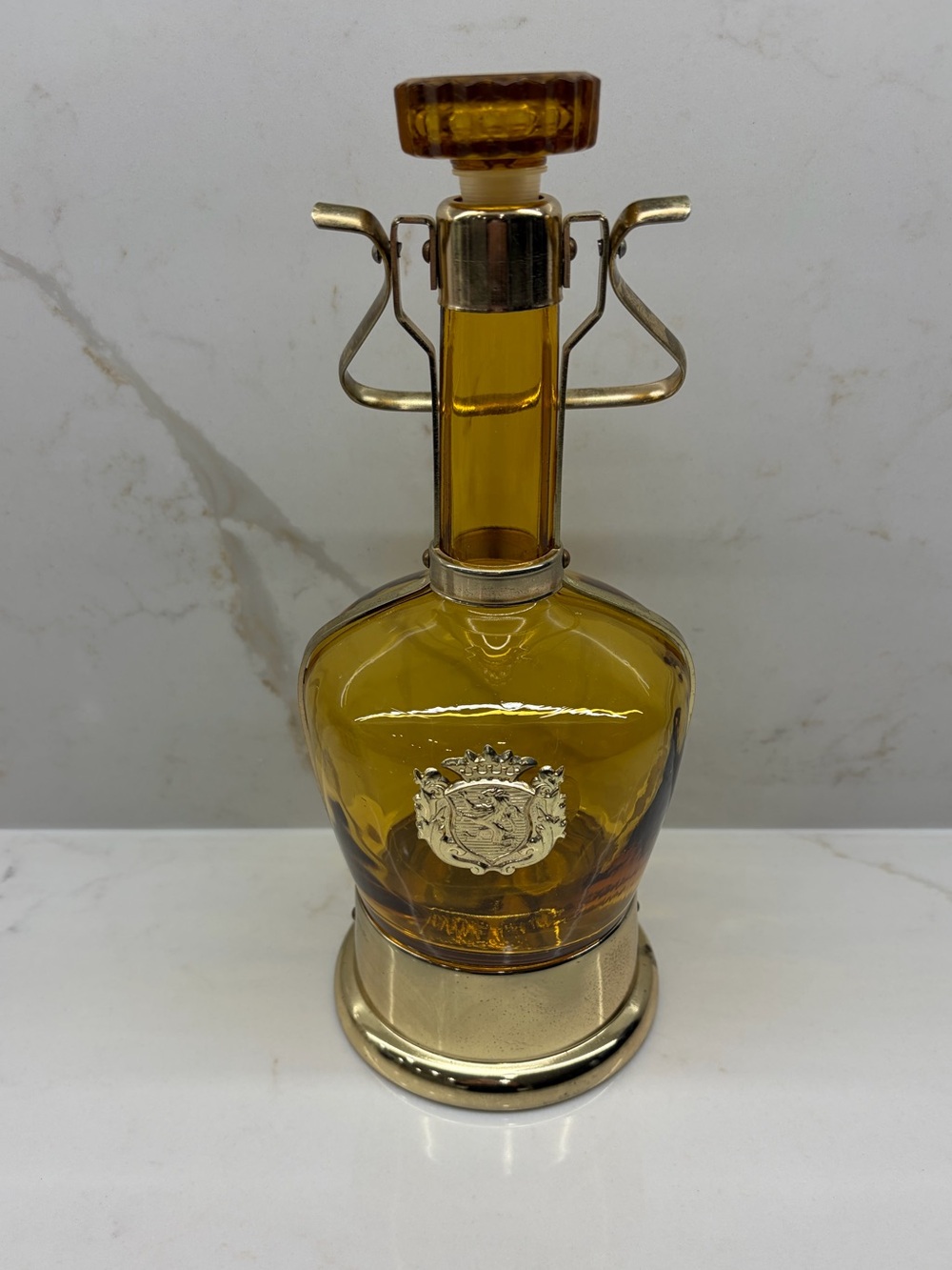 Vintage Amber Glass Decanter Liquor Bottle Music Box Wind Up Plays How Dry I Am